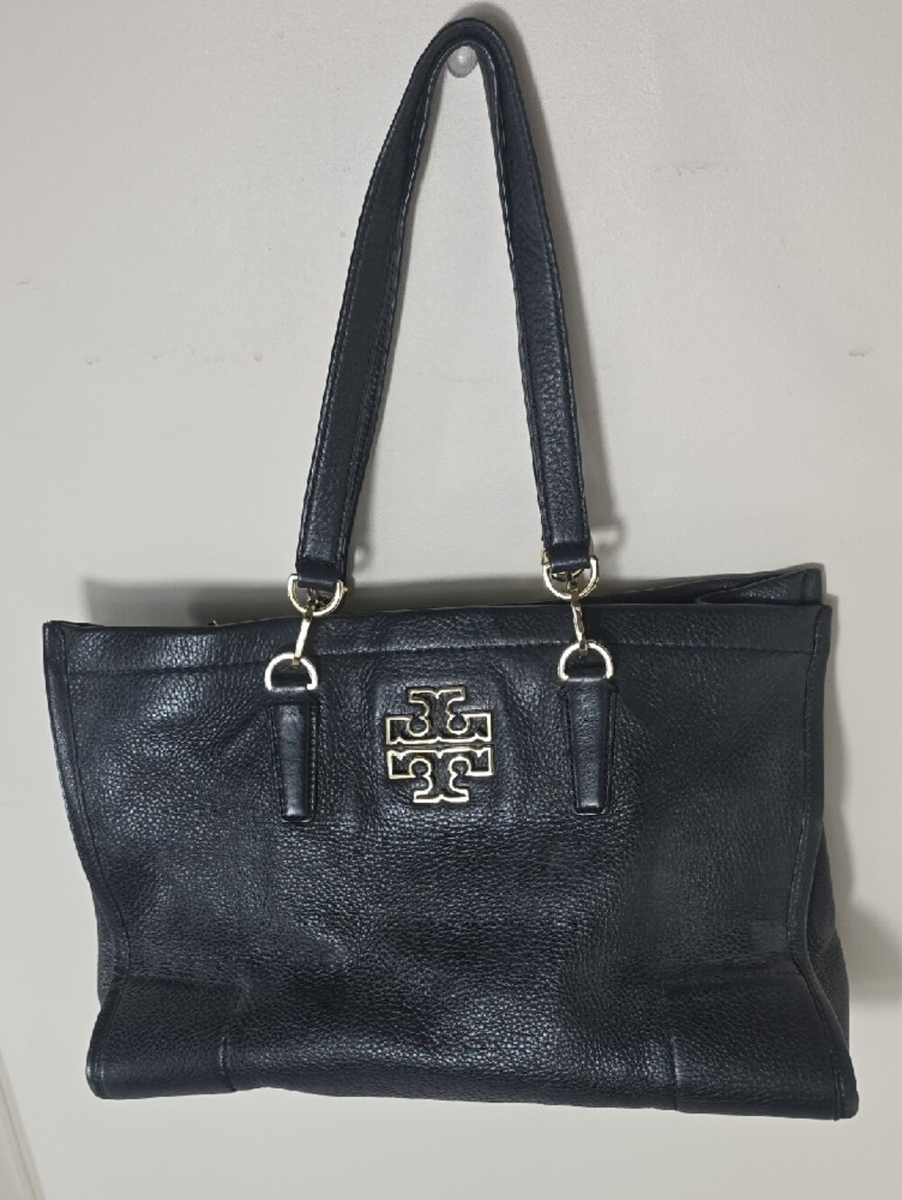 Tory Burch Black Pebbled Leather Double-Handle Tote with Gold Logo Emblem